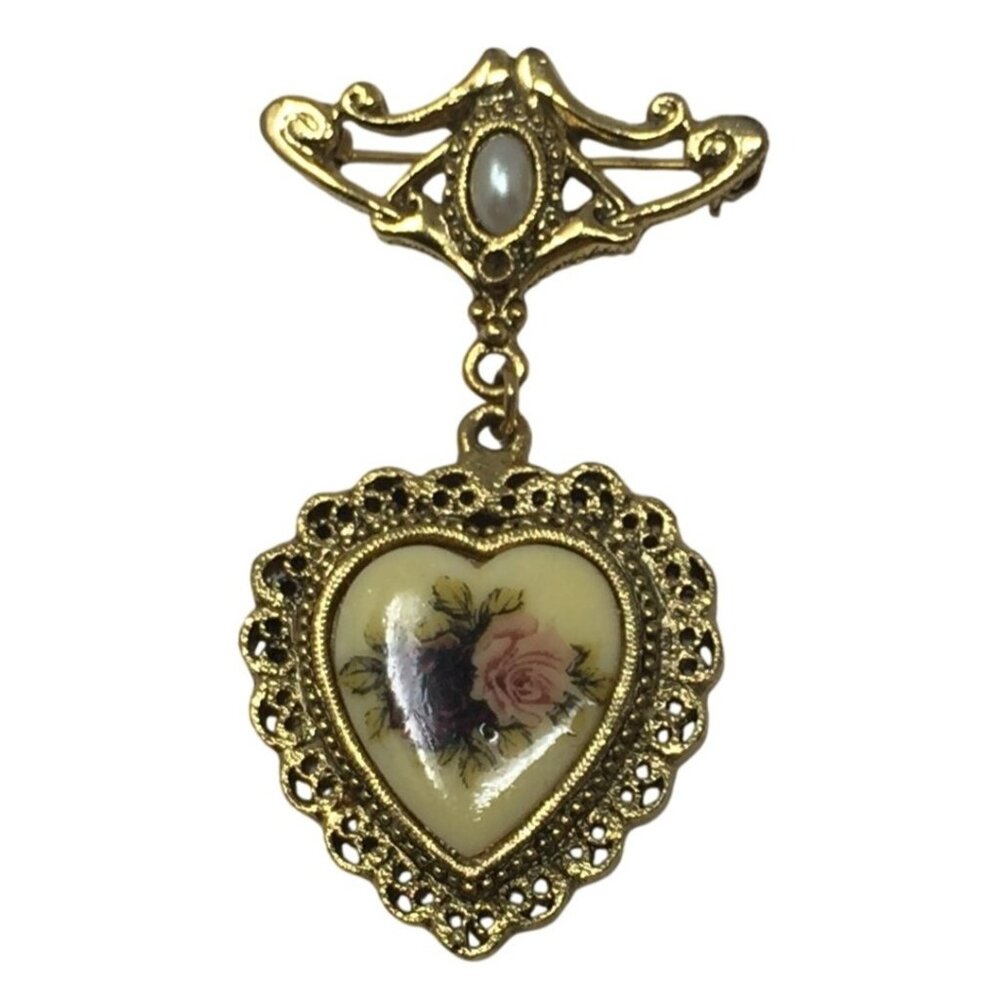 Vintage Cameo Victorian Style Flower Rose Faux Pearl Dangle Brooch Pin